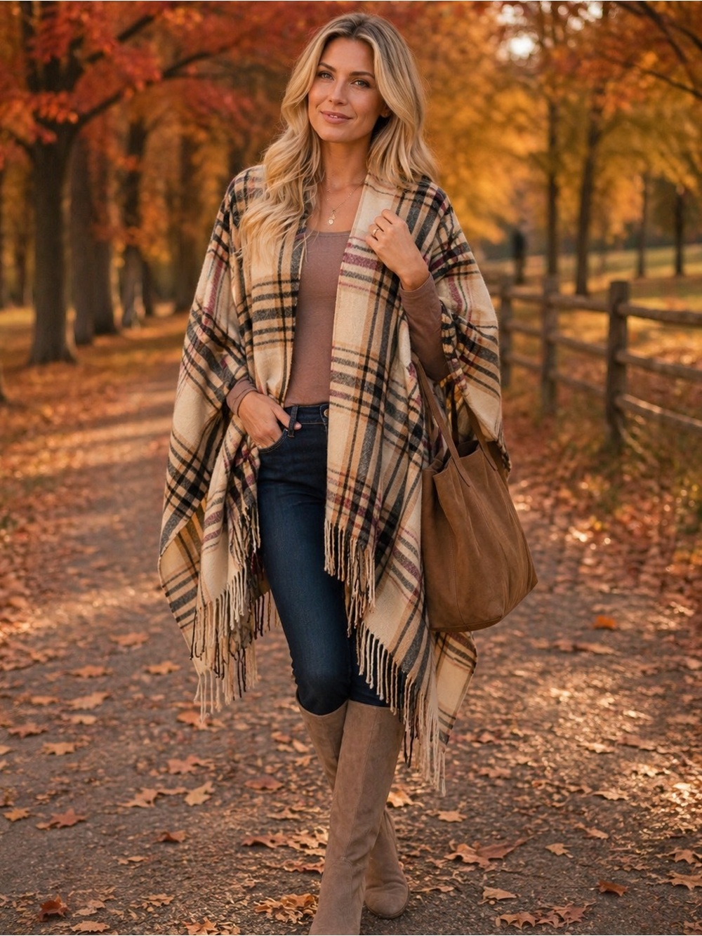 Woolrich Plaid Poncho Women’s One Size Shawl Soft Tassels Neutral Beige Black